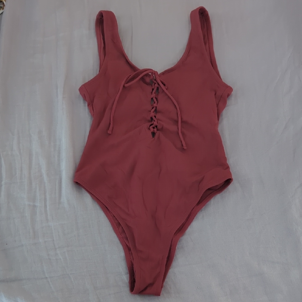 Pink Lace up Cheeky One Piece Swimsuit
